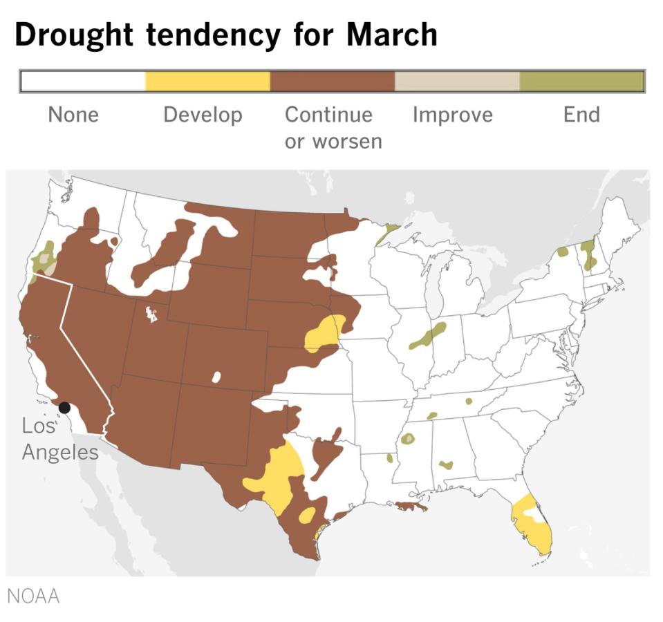 A map of the U.S. shows drought in most of the U.S. expected to continue or worsen