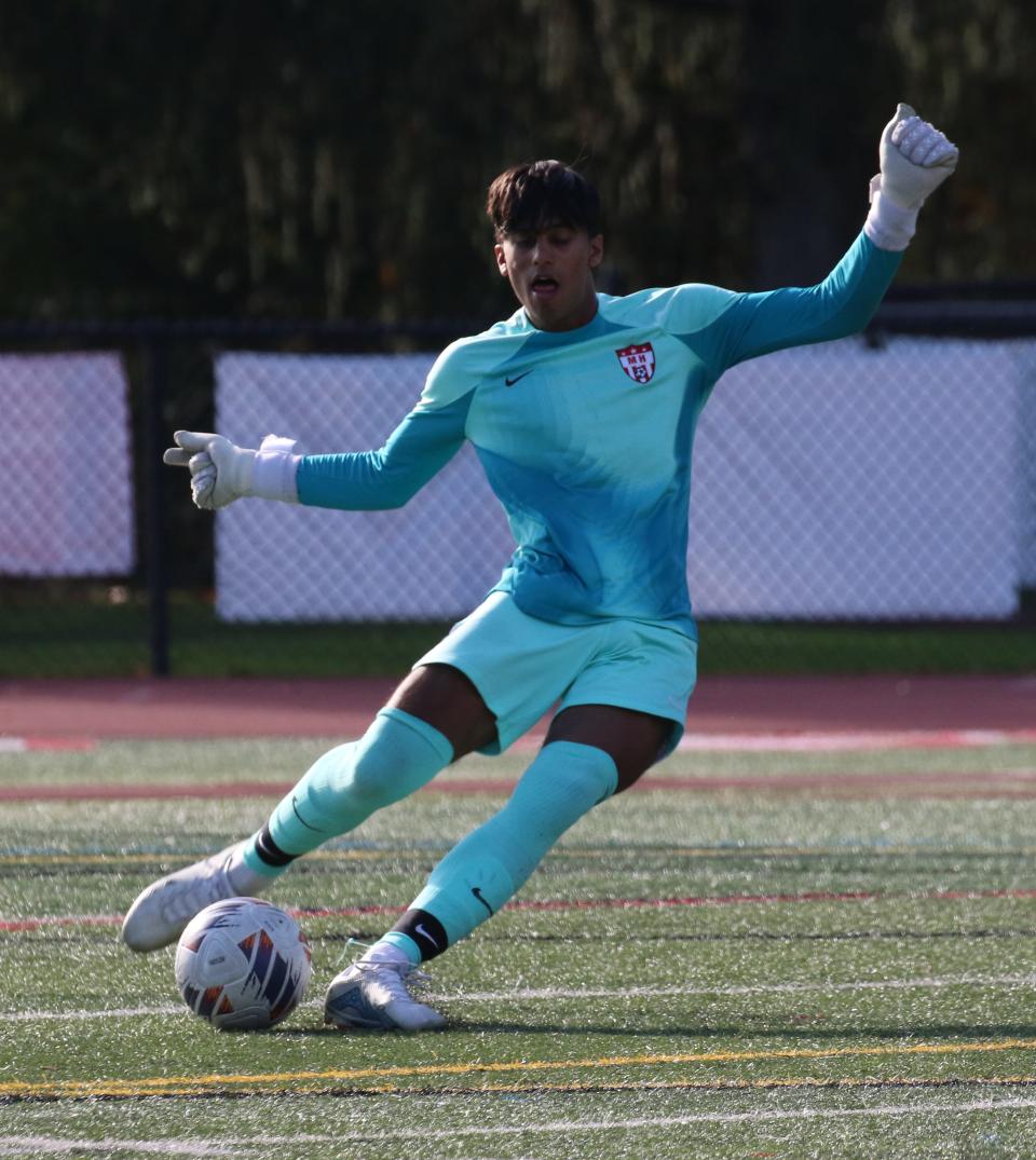 Rockaway, NJ — October 25, 2023 -- Morris Hills goalkeeper Dharm Desai as Northern Highlands came to Morris Hills and defeated their opponents 1-0 in the NJSIAA North 1 Group 3 first round match.