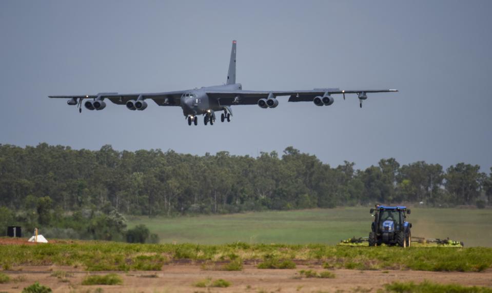 A U.S. Air Force B-52 Stratofortress bomber, assigned to the 96th Expeditionary Bomb Squadron, deployed from Barksdale Air Force Base, Louisiana, lands during exercise Lightning Focus at Royal Australian Air Force Base (RAAF) in Darwin, Australia, Dec. 6, 2018. The U.S. Air Force flew three B-1 heavy bombers over the East Siberian Sea, north of Russia’s far east, as part of recent maneuvers that the military said Friday are meant to demonstration of American capabilities and ability to support allies, but which a Russian commander blasted as “hostile and provocative.” The flight of the three Texas-based U.S. Air Force Reserve B-1 Lancer bombers on Thursday followed a similar mission a week ago in which three temporarily Britain-based B-52 bombers were flown over Ukrainian airspace, near Russia’s western flank. (U.S. Air Force photo by Senior Airman Christopher Quail via AP)