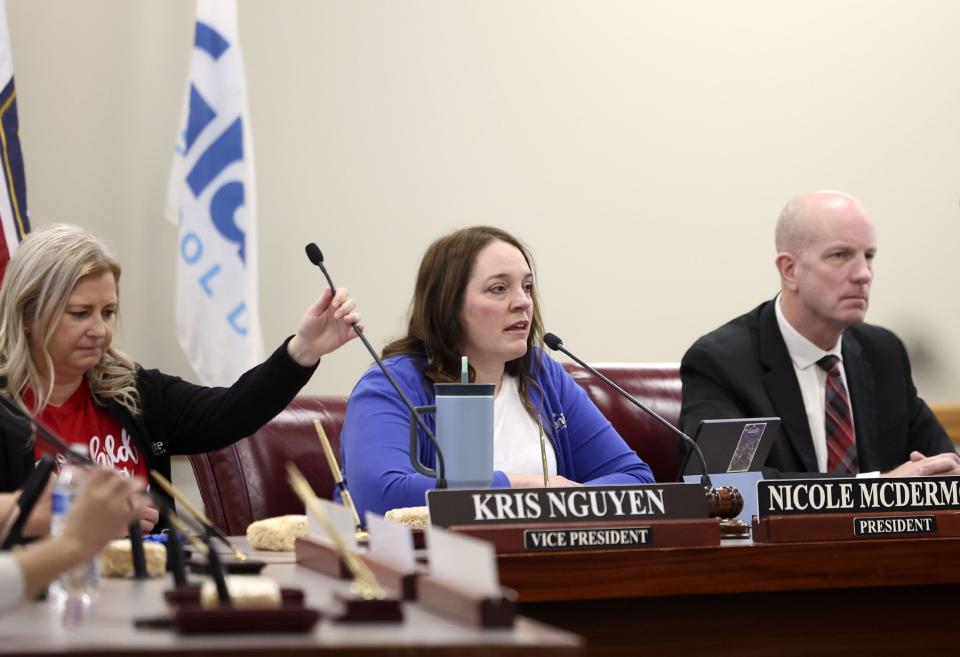 Members of the Board of Education of Granite School District, from left, Kris Nguyen, Nicole McDermott and Superintendent Rich Nye, hold a special meeting to discuss a resolution condemning the actions of Utah State Board of Education member Natalie Cline at the Granite School District in Salt Lake City on Friday, Feb. 9, 2024. | Laura Seitz, Deseret News