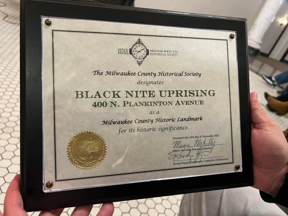 The official certificate presented by the Milwaukee County Historical Society to the Black Nite Uprising, designating the tavern a historic landmark. It is the first LGBTQ landmark in county history.