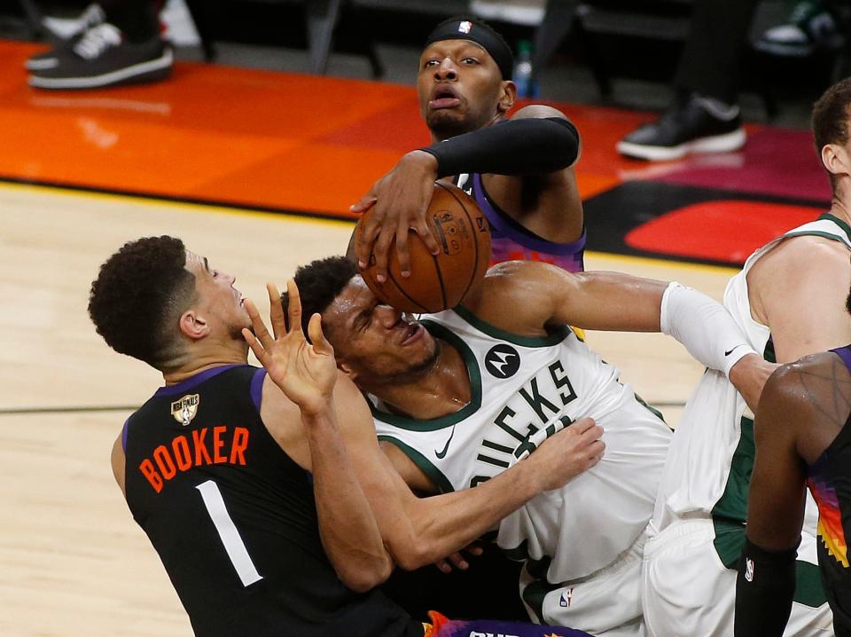 Giannis Antetokounmpo and the Bucks return to Milwaukee facing an 0-2 deficit in the NBA Finals.