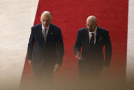 European Council President Charles Michel, right, speaks with author of the High-Level Report on the future of the Single Market, Enrico Letta, as they arrive for an EU summit in Brussels, Thursday, April 18, 2024. European Union leaders vowed on Wednesday to ramp up sanctions against Iran as concern grows that Tehran's unprecedented attack on Israel could fuel a wider war in the Middle East. (AP Photo/Omar Havana)