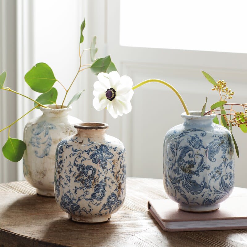 3 Piece Bud Terracotta Blue and White Table Vase Set. Image via Wayfair.