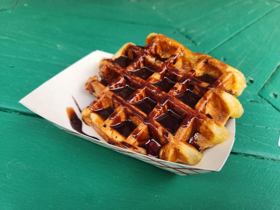 A Liege Waffle, doused in chocolate sauce, from Knoebels amusement park.