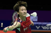 China's Chen Yu Fei returns a shot to Indonesia's Gregoria Mariska Tunjung in the final of the Uber Cup held in Chengdu in southwestern China's Sichuan Province, Sunday, May 5, 2024. (AP Photo/Ng Han Guan)