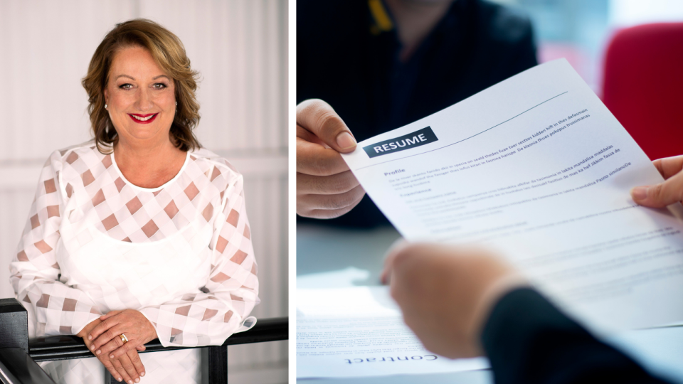 Louise Di Francesco wearing white top, smiles for camera. Close image of person handing another person resume while at desk.