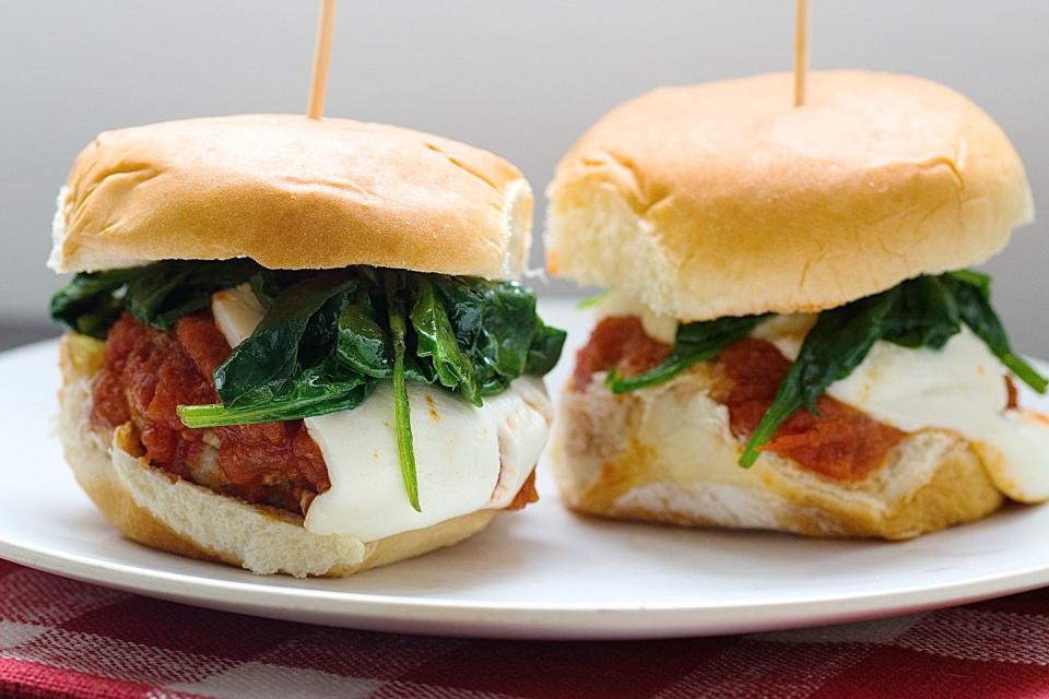 Chicken Meatball Sliders with Wilted Spinach