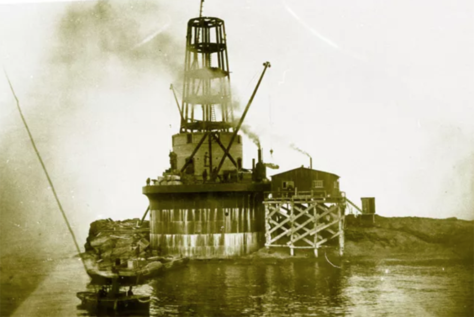 The Rock Of Ages Lighthouse is seen during construction.