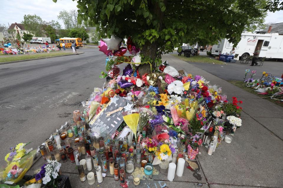 The plaza and surrounding streets are filled with memorials on May 25, 2022 for the people who were killed in a racially motivated shooting at Tops Friendly Market on Jefferson Ave. in Buffalo, NY on May 14.