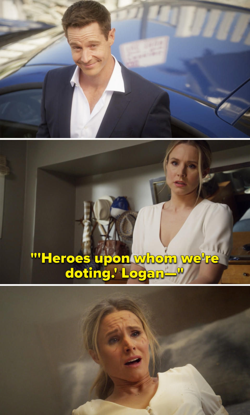 Veronica saying, "Heroes upon whom we're doting. Logan" before looking shocked after an explosion