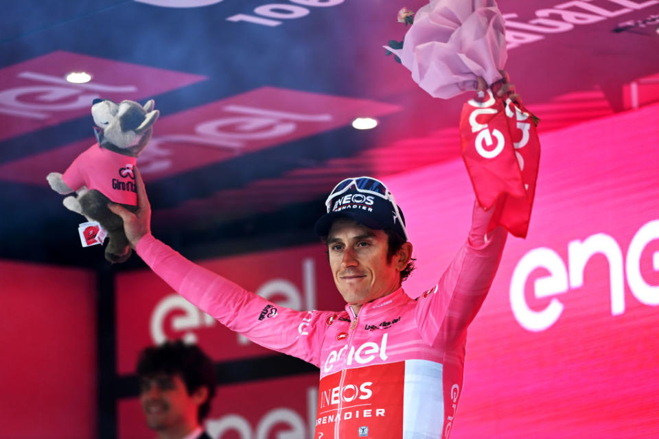 TORTONA ITALY  MAY 17 Geraint Thomas of The United Kingdom and Team INEOS Grenadiers celebrates at podium as Pink Leader Jersey winner during the 106th Giro dItalia 2023 Stage 11 a 219km stage from Camaiore to Tortona  UCIWT  on May 17 2023 in Tortona Italy Photo by Tim de WaeleGetty Images