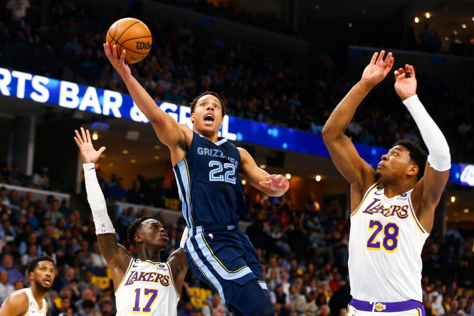 Grizzlies' Desmond Bane (22) goes for a layup during Game 1 between the Memphis Grizzlies and LA Lakers in their first round NBA playoffs series on April 16, 2023 at FedExForum. 