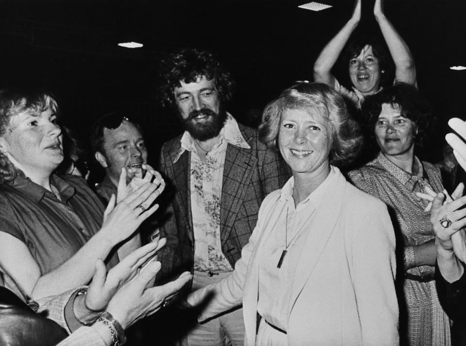 Vigdís Finnbogadóttir being congratulated after becoming the president of Iceland