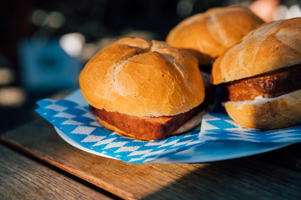 Three leberkäse sandwiches