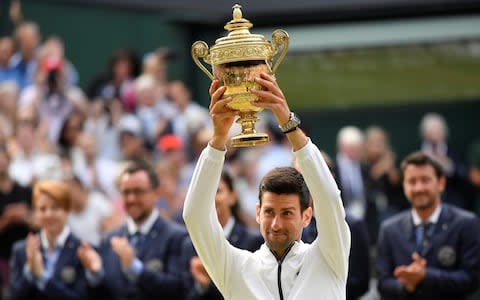 Novak Djokovic celebrates his Wimbledon victory - Credit: TOBY MELVILLE