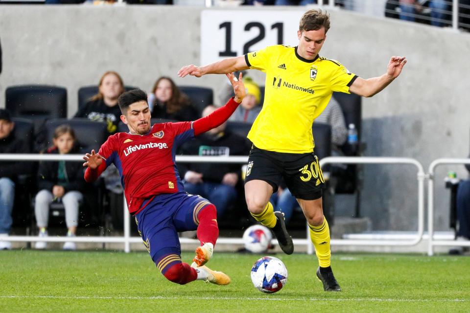 Crew wingback Will Sands, right, is training with the team having mostly recovered from a torn ACL he suffered April 22.