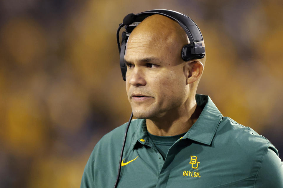 MORGANTOWN, WV - OCTOBER 13: Baylor Bears head coach Dave Aranda looks on during a college football game against the West Virginia Mountaineers on October 13, 2022 at Mountaineer Field at Milan Puskar Stadium in Morgantown, West Virginia. (Photo by Joe Robbins/Icon Sportswire via Getty Images)