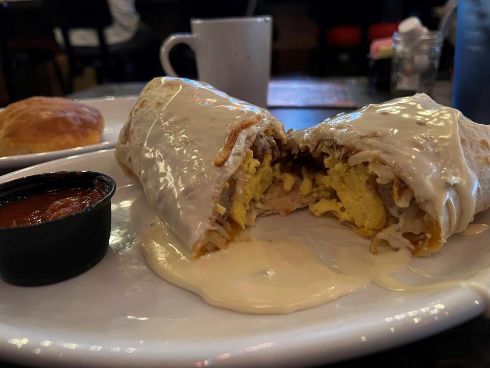 The breakfast burrito at Mitzi's is big enough for two people.