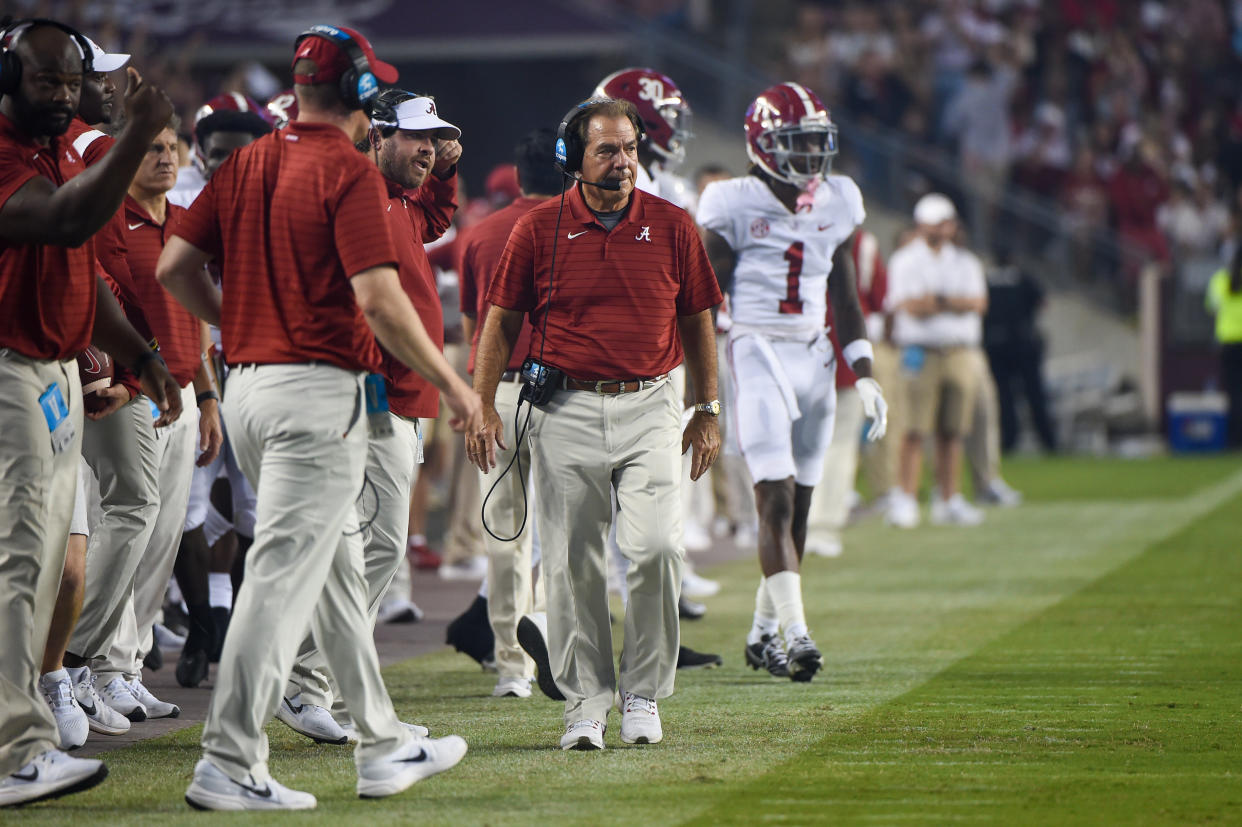 Alabama coach Nick Saban looks on from the sideline during a game between the Crimson Tide and the Texas A&M Aggies at Kyle Field on Oct. 9, 2021. (Ken Murray/Icon Sportswire via Getty Images)