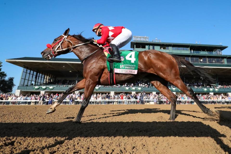 Letruska, with Irad Ortiz Jr. up, won the $500,000, Grade 1 Juddmonte Spinster Stakes at Keeneland in 2021. Letruska is nominated to run the same race again this weekend at Keeneland’s Fall Meet.