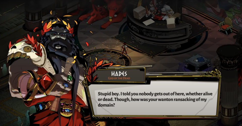 Hades next to a text box where he's chastising Zagreus for attempting to escape his domain