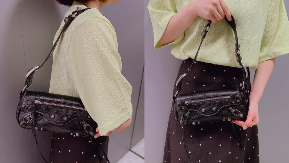 2024黑色精品包盤點：Balenciaga Le Cagole Sling Bag XS單肩包，NT$ 55,950。圖片來源：編輯拍攝