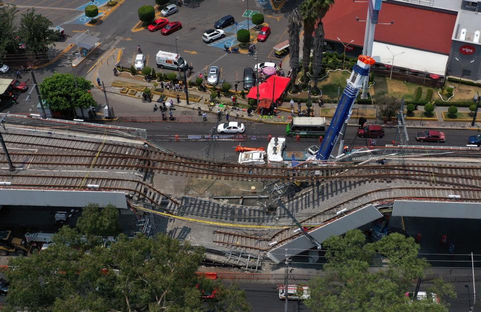 Aerial view showing the site in which a section of an elevated track collapsed, bringing a train crashing down on May 3, taken on May 10, 2021 a week after the accident, in Mexico City (Photo by Alfredo ESTRELLA / AFP) (Photo by ALFREDO ESTRELLA/AFP via Getty Images)