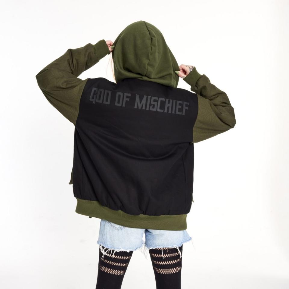 back of loungefly collectiv loki jacket with god of mischief in black