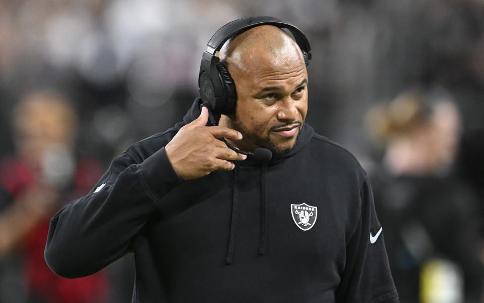 Aug 17, 2024; Paradise, Nevada, USA; Las Vegas Raiders head coach Antonio Pierce at the start of the game against the Dallas Cowboys at Allegiant Stadium. Mandatory Credit: Candice Ward-USA TODAY Sports