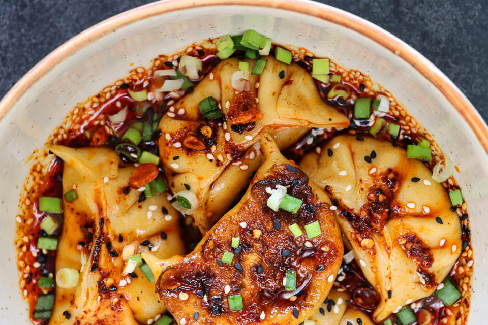 Dumplings in spicy chili oil.