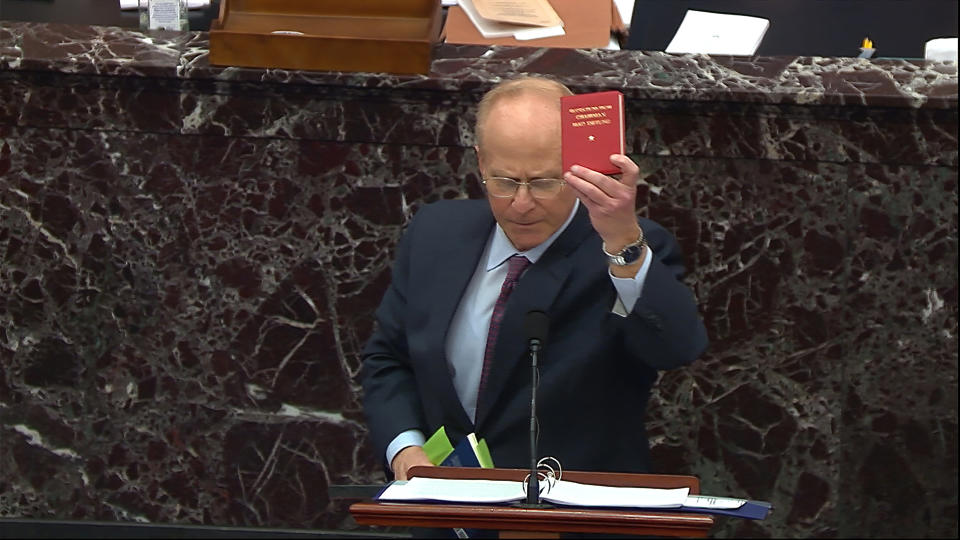 In this image from video, David Schoen, an attorney for former President Donald Trump, speaks during the second impeachment trial of former President Donald Trump in the Senate at the U.S. Capitol in Washington, Tuesday, Feb. 9, 2021. (Senate Television via AP)