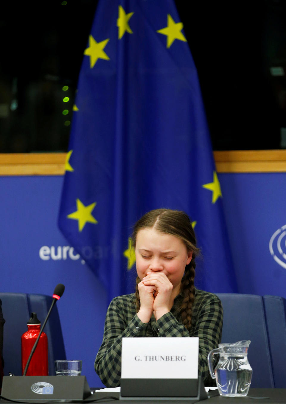 Swedish environmental activist Greta Thunberg cries at the end of her a speech to the environment committee of the European Parliament in Strasbourg, April 16, 2019.   REUTERS/Vincent Kessler