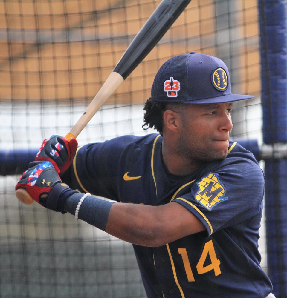 Brewers prospect Jackson Chourio takes batting practice Monday during minor-league workouts Monday at American Family Fields of Phoenix.