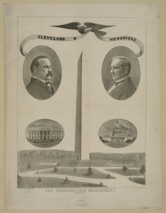 Washington Monument 1885, with images of White House, Capitol, President Grover Cleveland, and Vice President Thomas Hendricks (LOC)