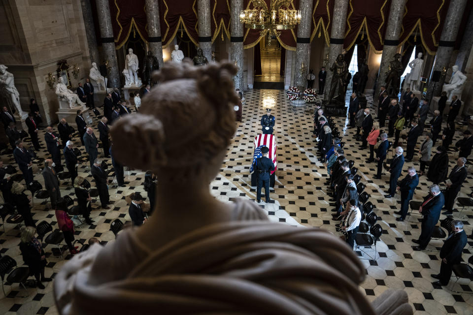 House Chaplain Margaret G. Kibben speaks during a ceremony for the late Rep. Don Young, R-Alaska, as he lies in state in Statuary Hall, Tuesday, March 29, 2022, at the Capitol in Washington. Young, the longest-serving member of Alaska's congressional delegation, died Friday, March 18, 2022. He was 88. (Jabin Botsford/The Washington Post via AP, Pool)