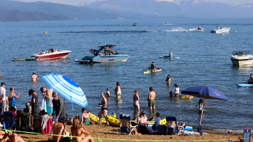 People gather at Kings Beach on June 30, 2023. Trash left behind by visitors has become a growing problem around the lake. - Jane Tyska/East Bay Times/Digital First Media/Getty Images