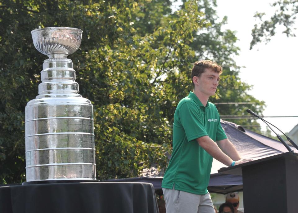 Standing next to the Stanley Cup, Adam Murray, of Milton, talks about his younger sister, Cassidy Murray, who died in a boating accident in Aruba last year, during the kickoff of the Cassidy Murray Foundation in Milton on Thursday, July 13, 2023.