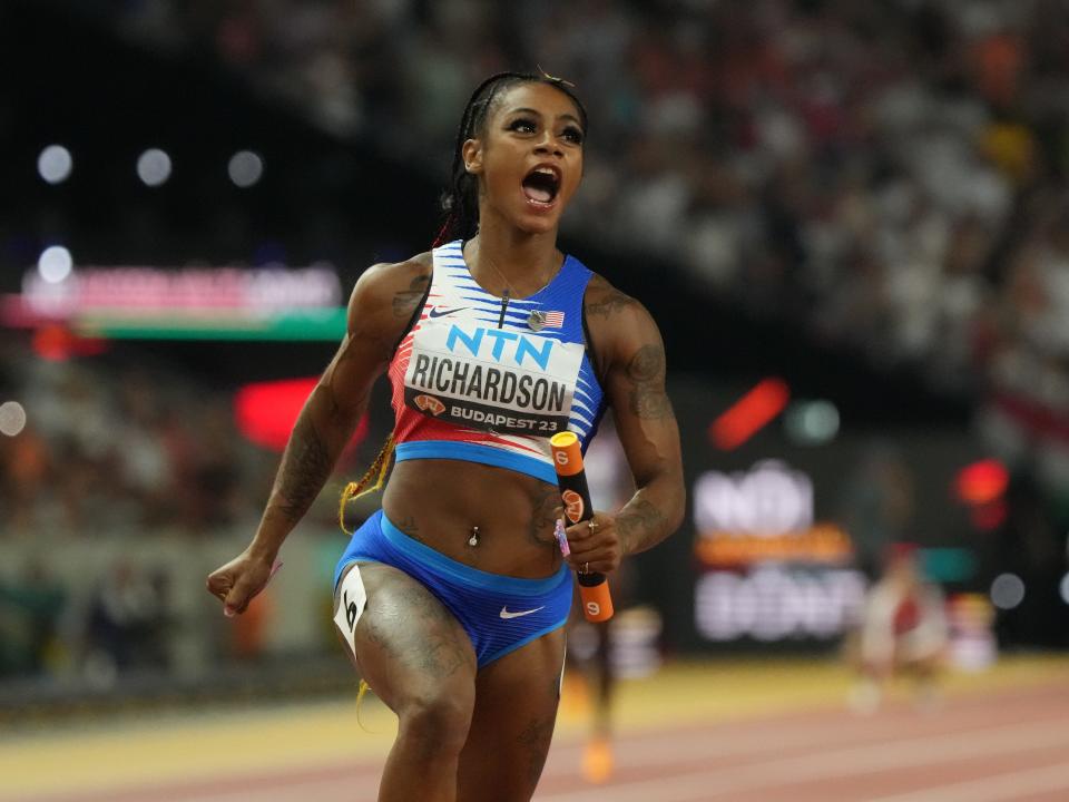 Sha’Carri Richardson reacts after the women's 4x100m relay final during the 2023 World Athletics Championships.