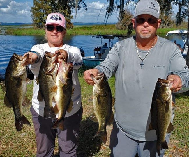 Stacy Carter, left, and Richard Carter had 13.95 pounds and also big bass with a 3.64-pounder to win first place during the Better Half's Open Couples Bass tournament on Oct. 30 on the Kissimmee Chain.