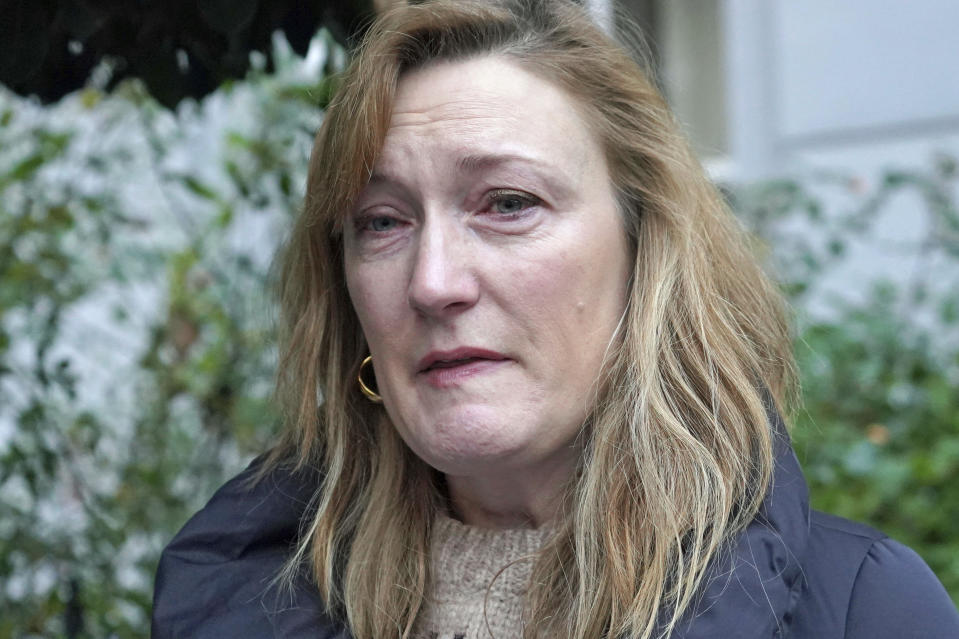 Allegra Stratton speaks outside her home in north London, Wednesday, Dec. 8, 2021. British Prime Minister Boris Johnson has apologized and ordered an inquiry after a leaked video showed senior members of his staff joking about holding a lockdown-breaching Christmas party. The video has poured fuel on allegations that government officials flouted coronavirus rules they imposed on everyone else. The video, recorded on Dec. 22, 2020 and aired late Tuesday by broadcaster ITV, shows then-press secretary Allegra Stratton appearing to joke about an illicit party at the prime minister's Downing Street office. (Jonathan Brady/PA via AP)