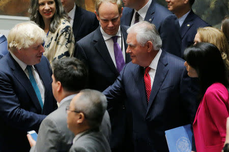 U.S. Secretary of State Rex Tillerson (R) greets Britain's Foreign Secretary Boris Johnson before a Security Council meeting on the situation in North Korea at the United Nations (U.N.) in New York, U.S., April 28, 2017. REUTERS/Lucas Jackson