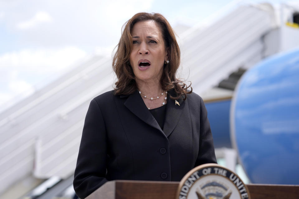 Vice President Kamala Harris delivers remarks at George Bush Intercontinental Airport, Thursday, Aug. 1, 2024, in Houston. (AP Photo/LM Otero)