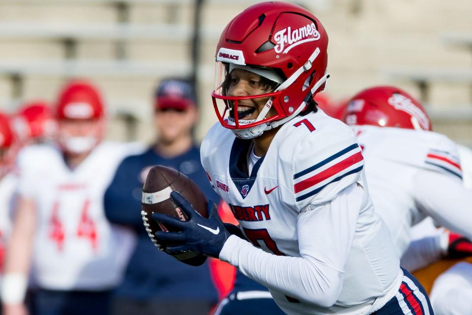 Liberty's Kaidon Salter (7) at a football game against UTEP on Saturday, Nov. 25, 2023, at the Sun Bowl Stadium.