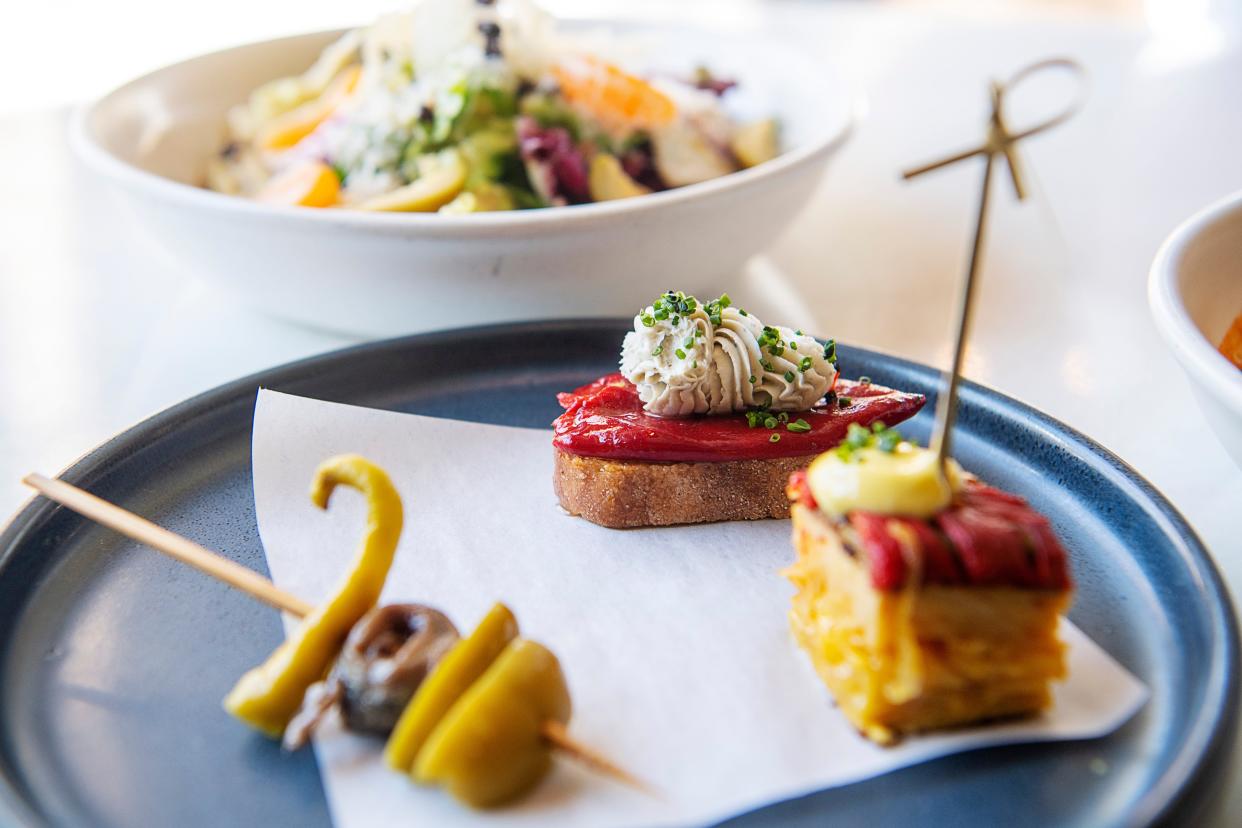 A plate of Pintxos, an assortment of Spanish snacks, from La Bodega in Asheville, January 5, 2024.