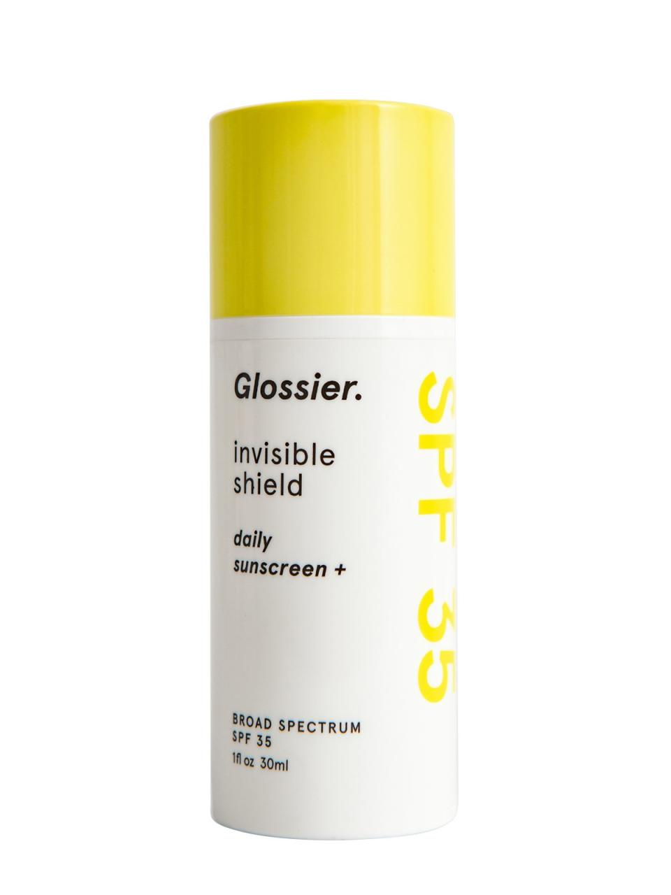 <p>The sunscreen found in every “it girl” routine leaves you with a dewy, not oily, look using a perfectly sheer gel formula. It melts into skin, feels cooling in the heat, and improves texture. Need we say more? <a rel="nofollow noopener" href="https://www.glossier.com/products/invisible-shield?gclid=CJW-0YmaidQCFVKBswodYsMJaw" target="_blank" data-ylk="slk:Glossier Invisible Shield Daily Sunscreen Broad Spectrum SPF 35;elm:context_link;itc:0;sec:content-canvas" class="link ">Glossier Invisible Shield Daily Sunscreen Broad Spectrum SPF 35</a>, $34. (Photo: Glossier) </p>