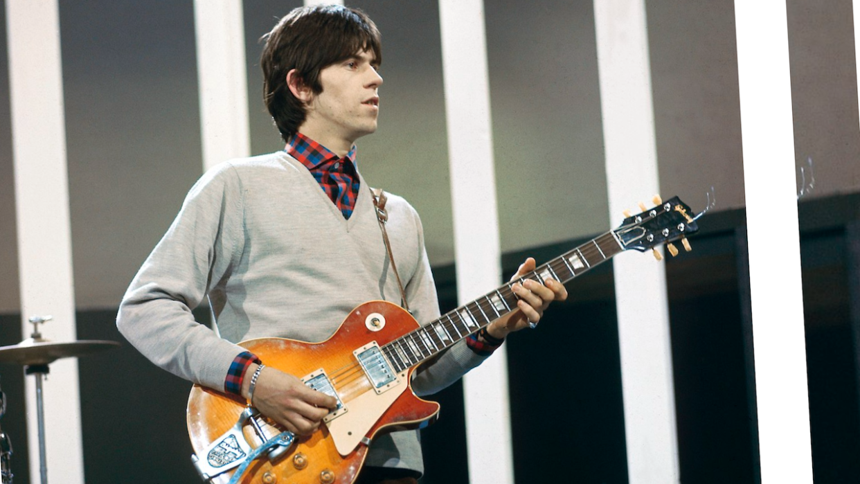  English guitarist Keith Richards of rock group The Rolling Stones plays a Gibson Les Paul guitar with Bigsby Vibrato on the set of the ABC Television pop music television show Thank Your Lucky Stars at Alpha Television Studios in Birmingham, England on 21st March 1965. . 