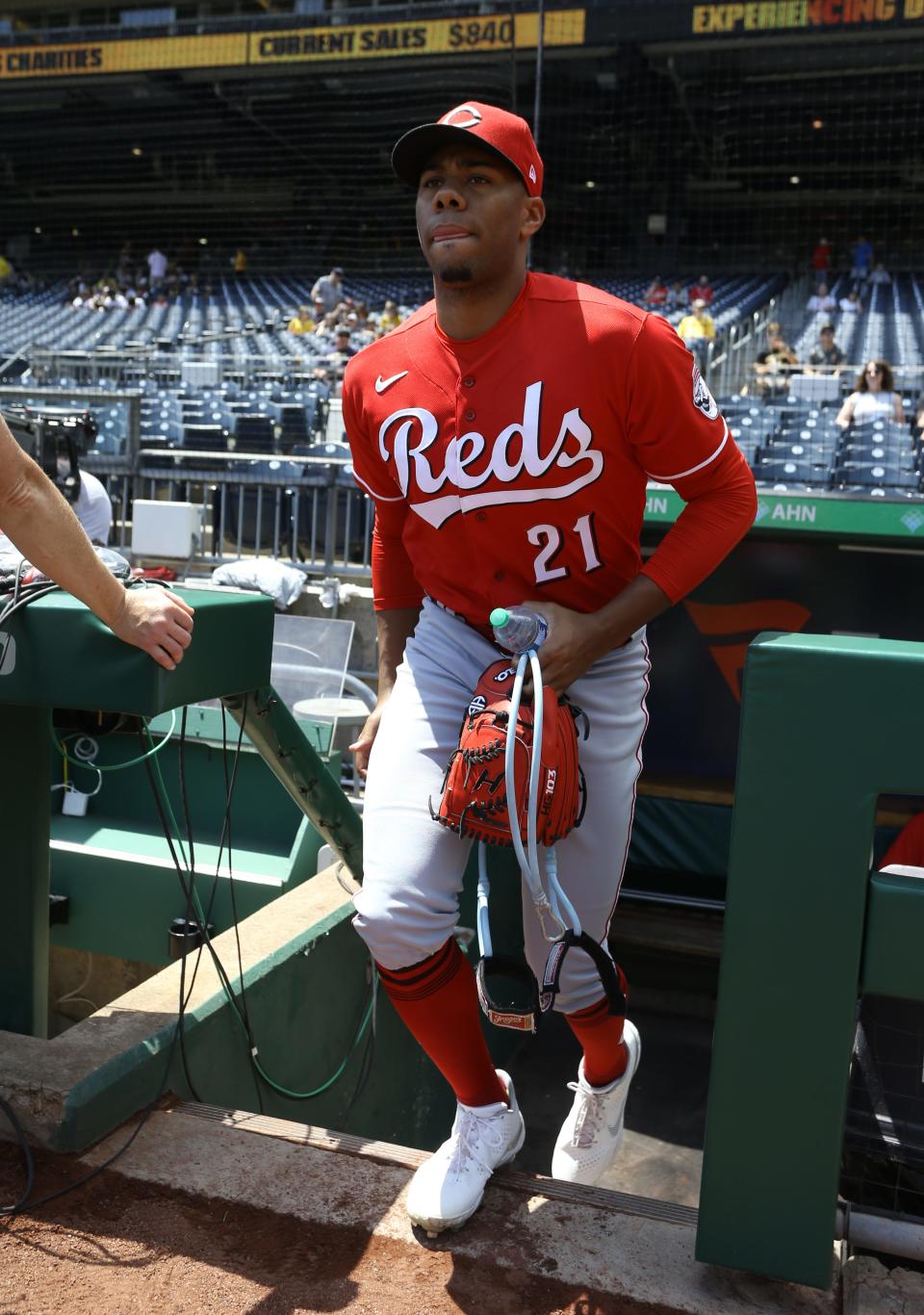 May 15, 2022; Pittsburgh, Pennsylvania, USA;  Cincinnati Reds starting pitcher Hunter Greene (21) heads to the bullpen to warm up before the game against the Pittsburgh Pirates at PNC Park. Mandatory Credit: Charles LeClaire-USA TODAY Sports