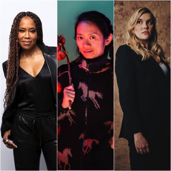 A triptych of Directors Regina King, Chloe Zhao, and Emerald Fennel