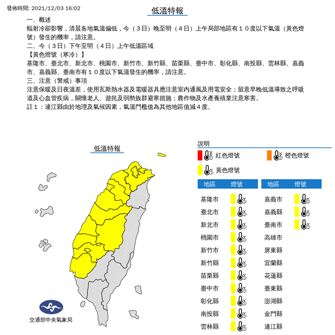 中央氣象局今(4日)下午4點2分針對14縣市發布低溫特報。(圖／中央氣象局)